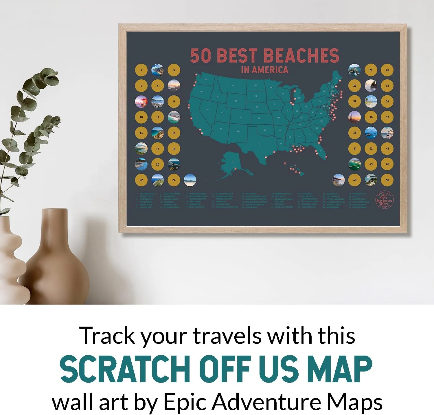 United States' Best Beaches - Scratch off Poster of the USA Coastline - US Posters for Wall - Mark Your Adventures, Travel Scratch off Poster, Wall Art, Gifts for Travelers, Grey 18 x 12 Inches