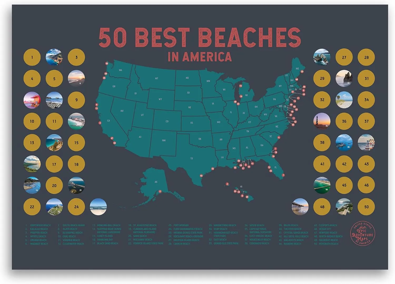 United States' Best Beaches - Scratch off Poster of the USA Coastline - US Posters for Wall - Mark Your Adventures, Travel Scratch off Poster, Wall Art, Gifts for Travelers, Grey 18 x 12 Inches