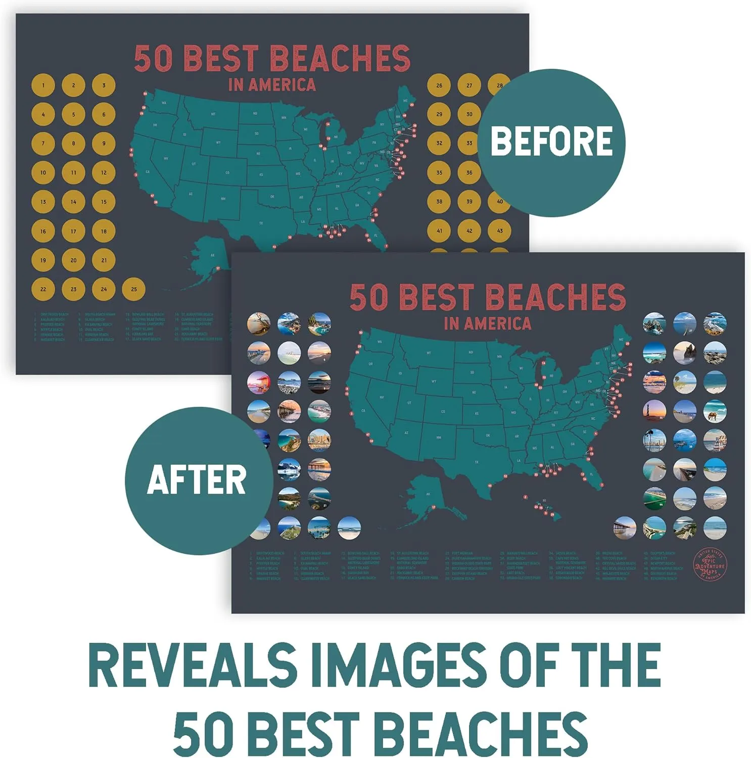 United States' Best Beaches - Scratch off Poster of the USA Coastline - US Posters for Wall - Mark Your Adventures, Travel Scratch off Poster, Wall Art, Gifts for Travelers, Grey 18 x 12 Inches