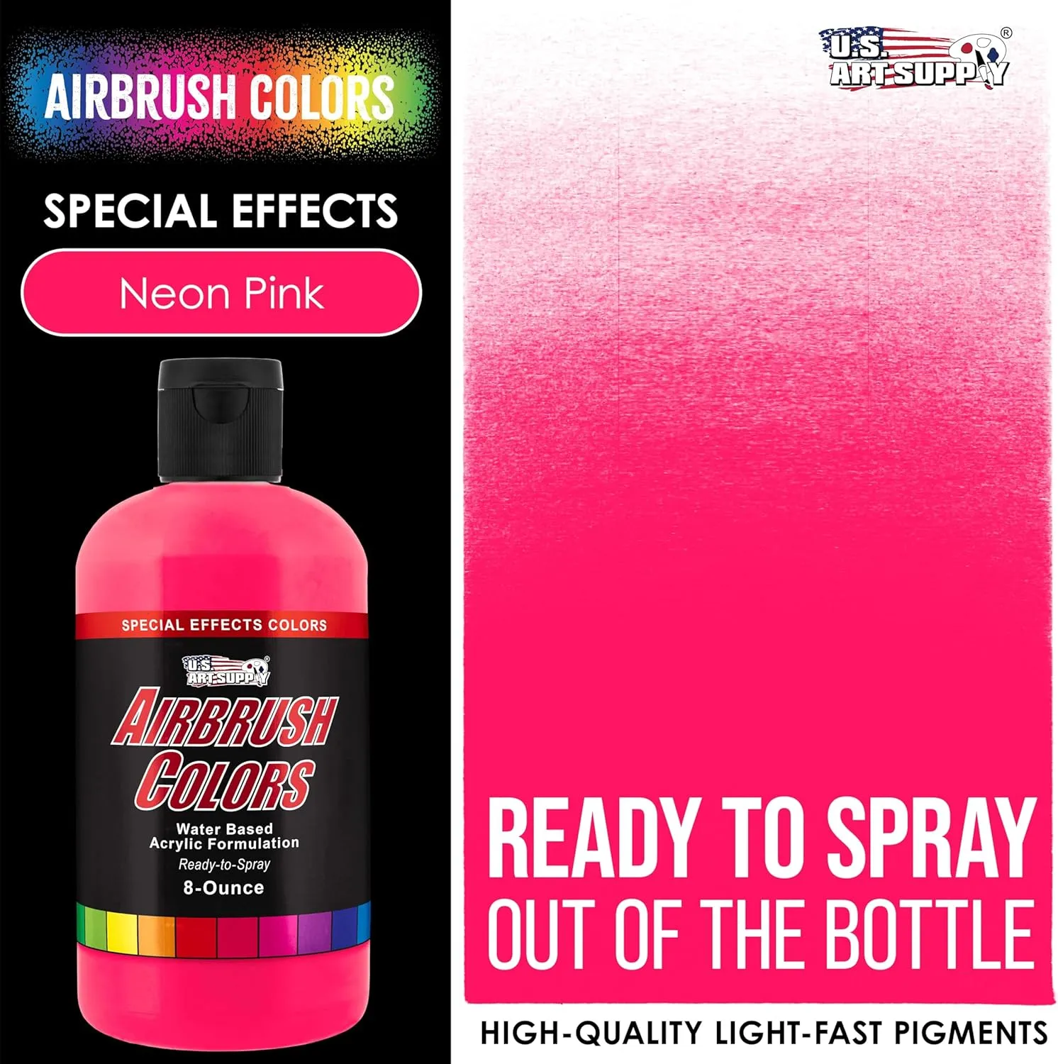 U.S. Art Supply Ready to Spray Neon Pink Special Effects Acrylic Airbrush Paint - 8oz Bottle, Professional Grade Non-Toxic Water-Based Colors for Vibrant & Permanent Results