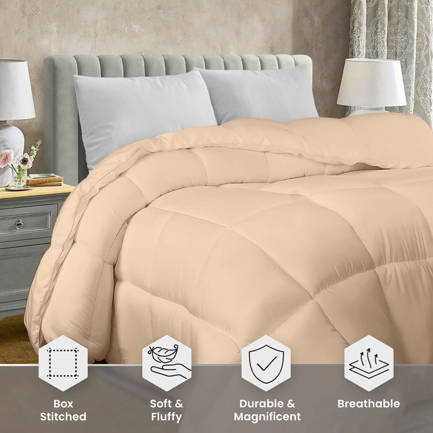 Utopia Bedding Comforter Duvet Insert, Quilted Comforter with Corner Tabs, Box Stitched Down Alternative Comforters Queen Size (Beige)