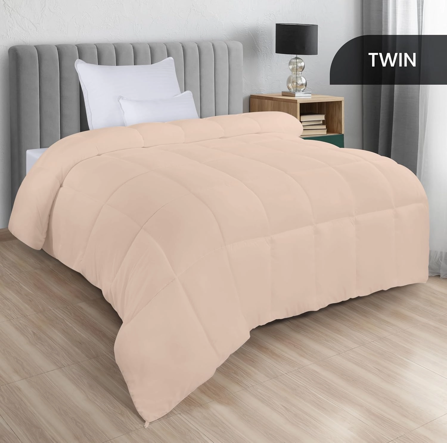 Utopia Bedding Comforters Twin Size, All Season Duvet Insert, Down Alternative Box Stitched Bed Comforter with Corner Tabs, Machine Washable (Beige)