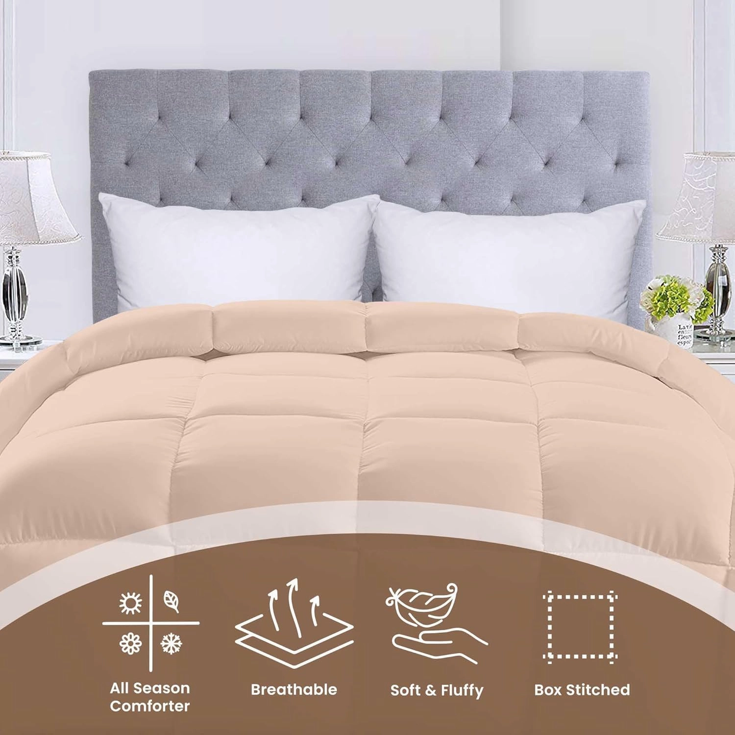Utopia Bedding Comforters Twin Size, All Season Duvet Insert, Down Alternative Box Stitched Bed Comforter with Corner Tabs, Machine Washable (Beige)