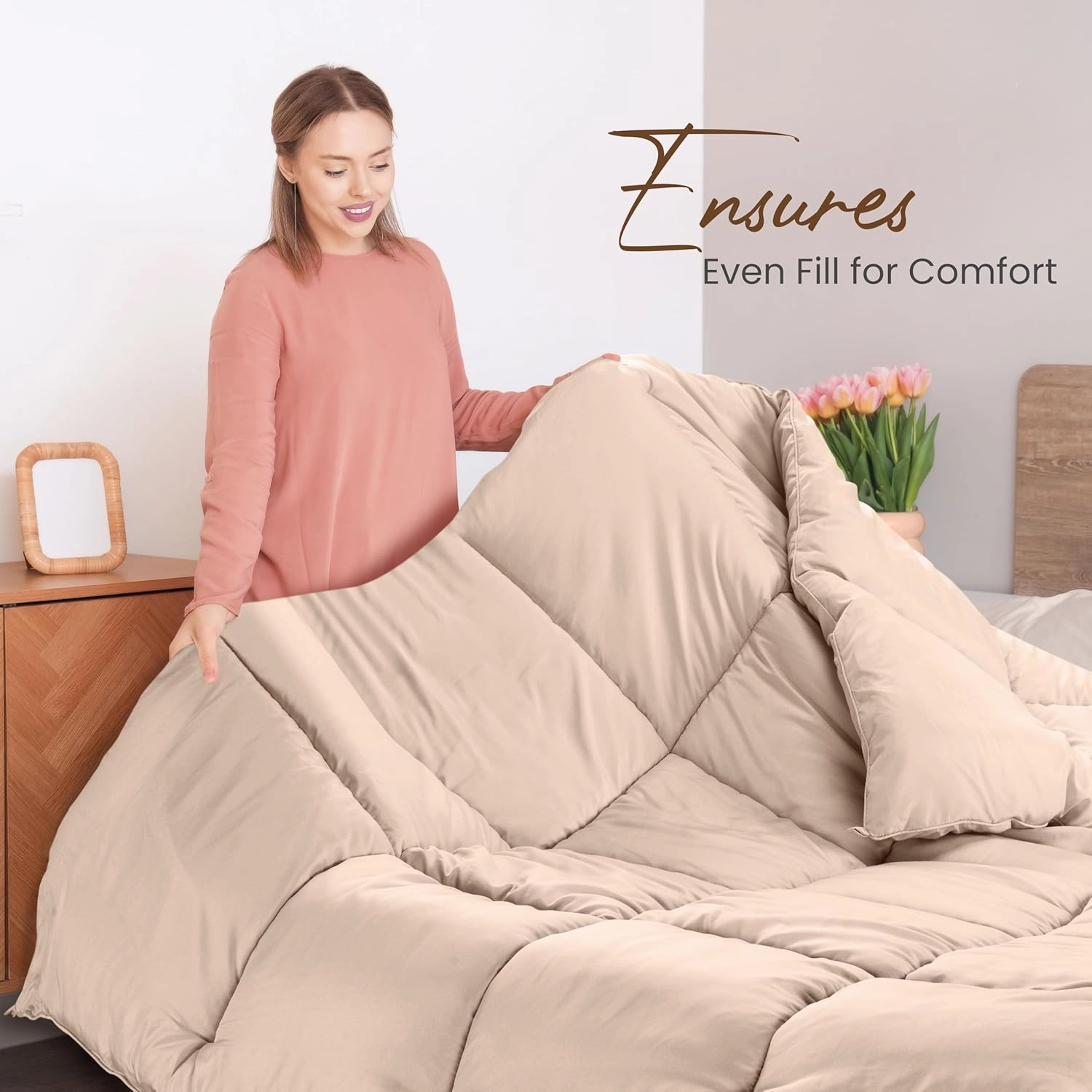 Utopia Bedding Comforters Twin Size, All Season Duvet Insert, Down Alternative Box Stitched Bed Comforter with Corner Tabs, Machine Washable (Beige)