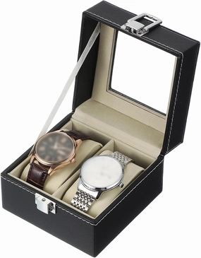 uxcell 2 Slot Watch Storage Box, Watch Box for Men with Glass Cover, Wooden Watch Box with Removable Watch Pillow, Black/Beige