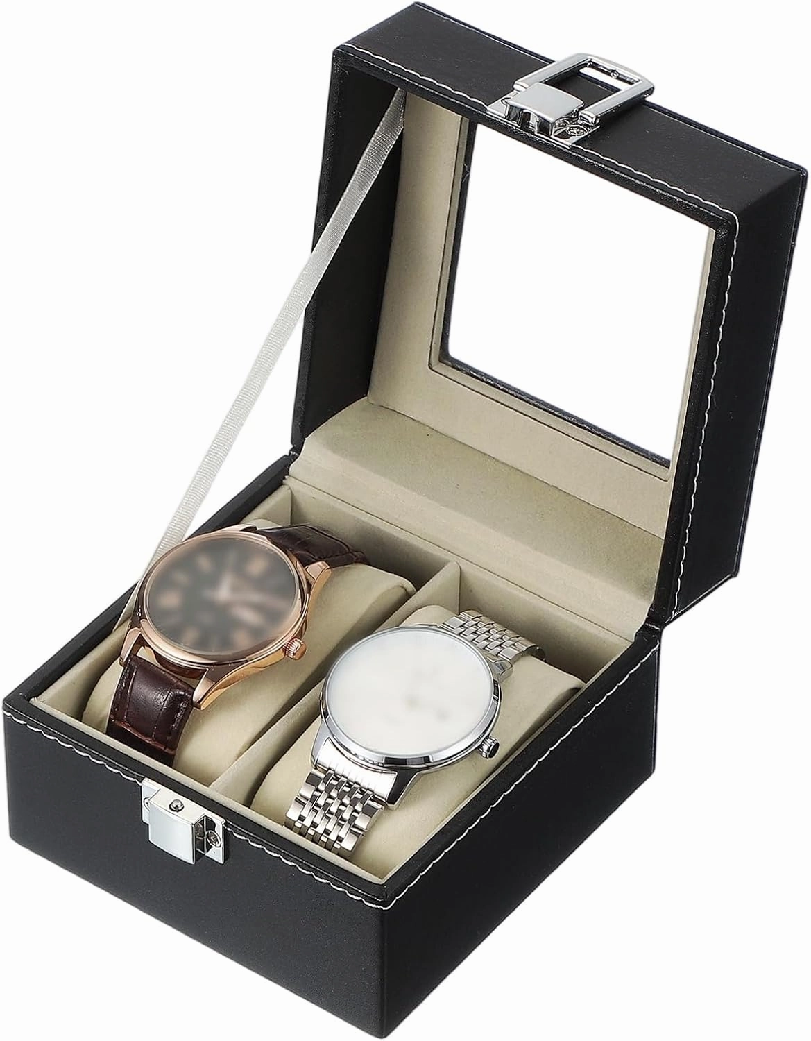 uxcell 2 Slot Watch Storage Box, Watch Box for Men with Glass Cover, Wooden Watch Box with Removable Watch Pillow, Black/Beige