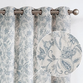 Vangao Blue Floral Linen Blend Curtains for Living Room 84 Inches Long Farmhouse Curtains for Bedroom Vintage Print on Beige Light Filtering Window Drapes Grommet Top 2 Panels