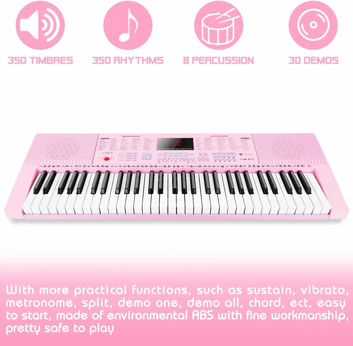 Vangoa VGK610 Piano Keyboard, 61 Mini Keys Portable Music Keyboard for Beginners with Microphone, 3 Teaching Modes, 350 Tones, 350 Rhythms, 30 Demos, Pink