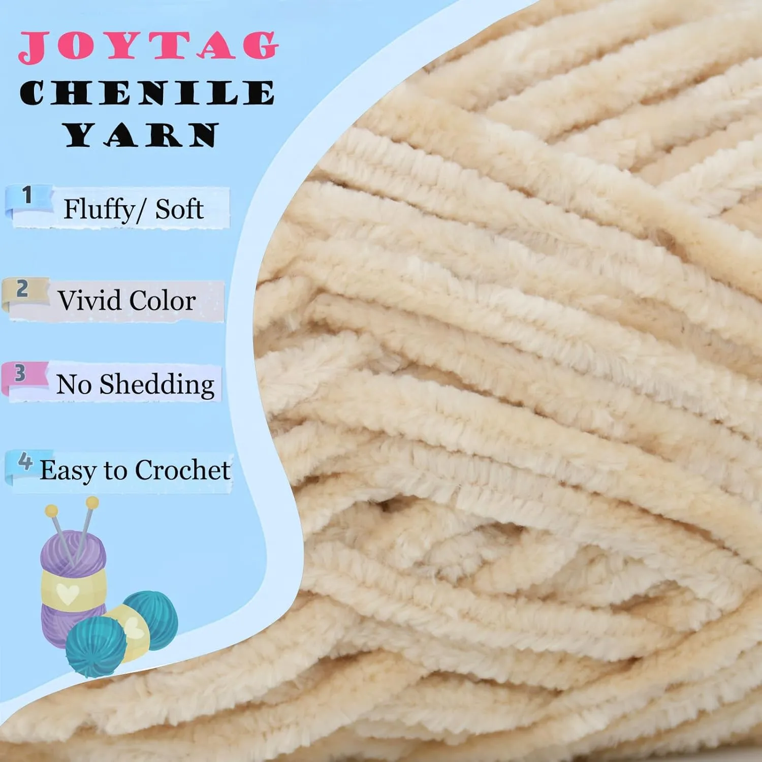 Velvet Chenille Yarn for Crocheting Beige Velvet Fluffy Plush Thick Bulky Chunky Chenille Soft Baby Blanket Yarn for Crocheting Hand Knitting 3 * 100g-Beige