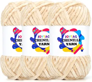 Velvet Chenille Yarn for Crocheting Beige Velvet Fluffy Plush Thick Bulky Chunky Chenille Soft Baby Blanket Yarn for Crocheting Hand Knitting 3 * 100g-Beige