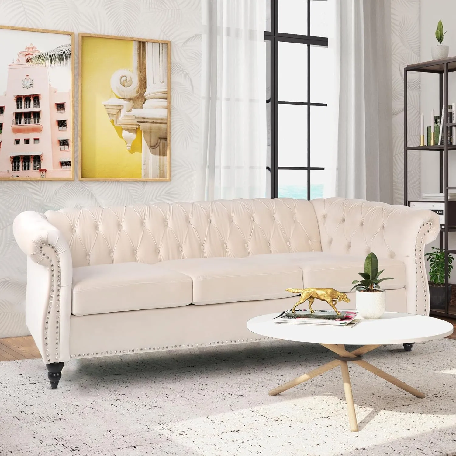 Velvet Chesterfield Settee - Classic Tufted 3 Seater Sofa for Modern Living Room (Beige)