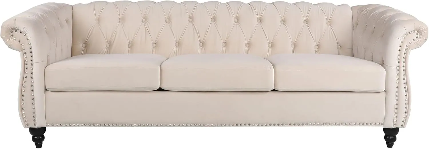 Velvet Chesterfield Settee - Classic Tufted 3 Seater Sofa for Modern Living Room (Beige)