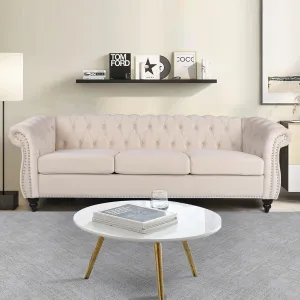 Velvet Chesterfield Settee - Classic Tufted 3 Seater Sofa for Modern Living Room (Beige)