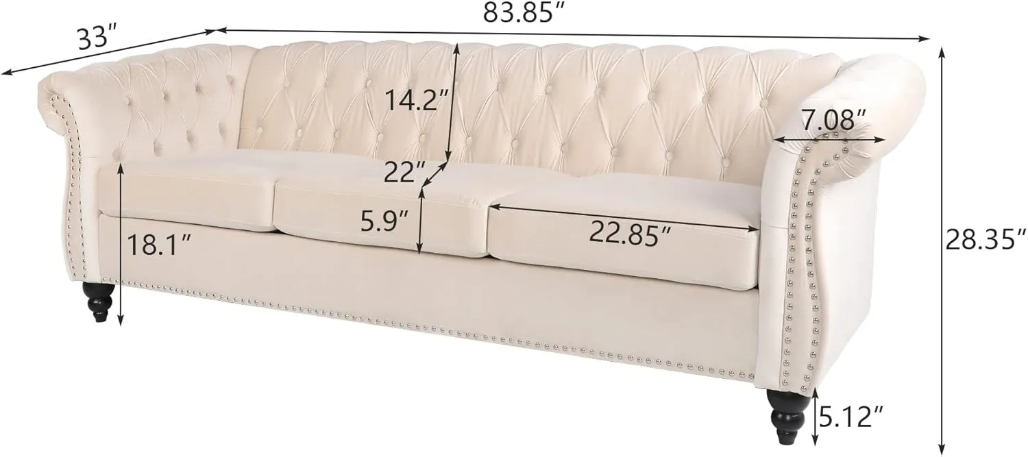 Velvet Chesterfield Settee - Classic Tufted 3 Seater Sofa for Modern Living Room (Beige)