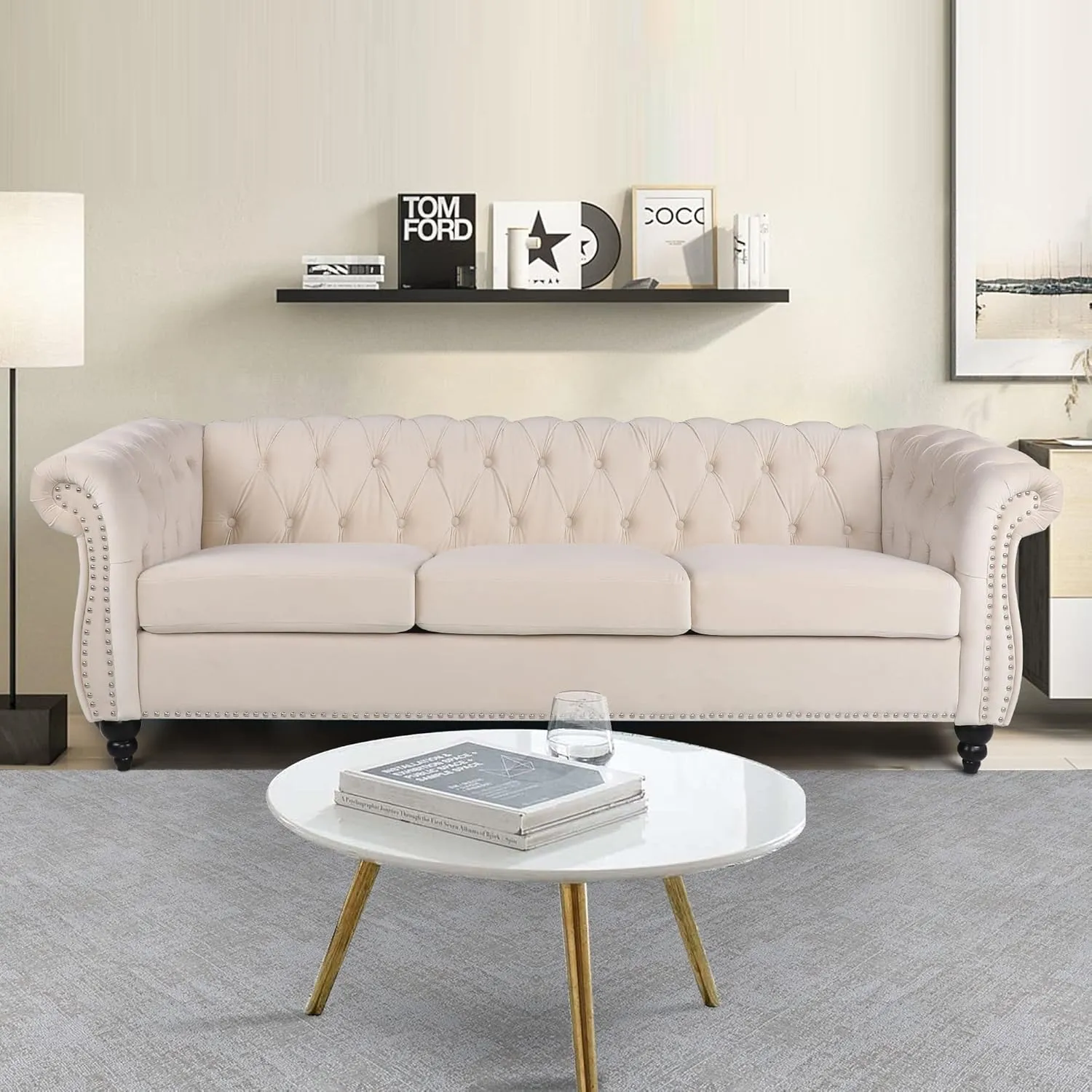 Velvet Chesterfield Settee - Classic Tufted 3 Seater Sofa for Modern Living Room (Beige)
