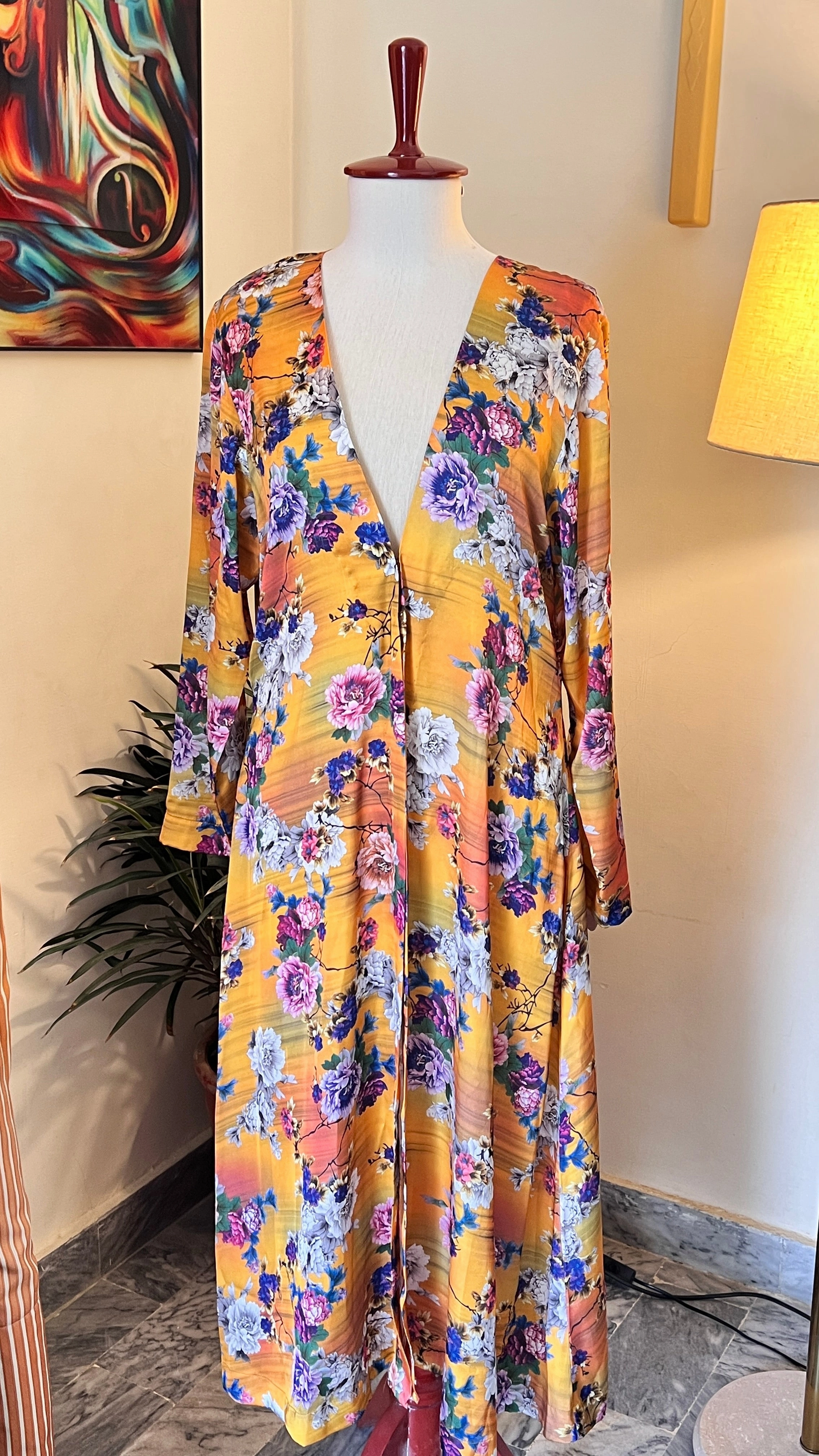 Vibrant Floral Mustard Kimono