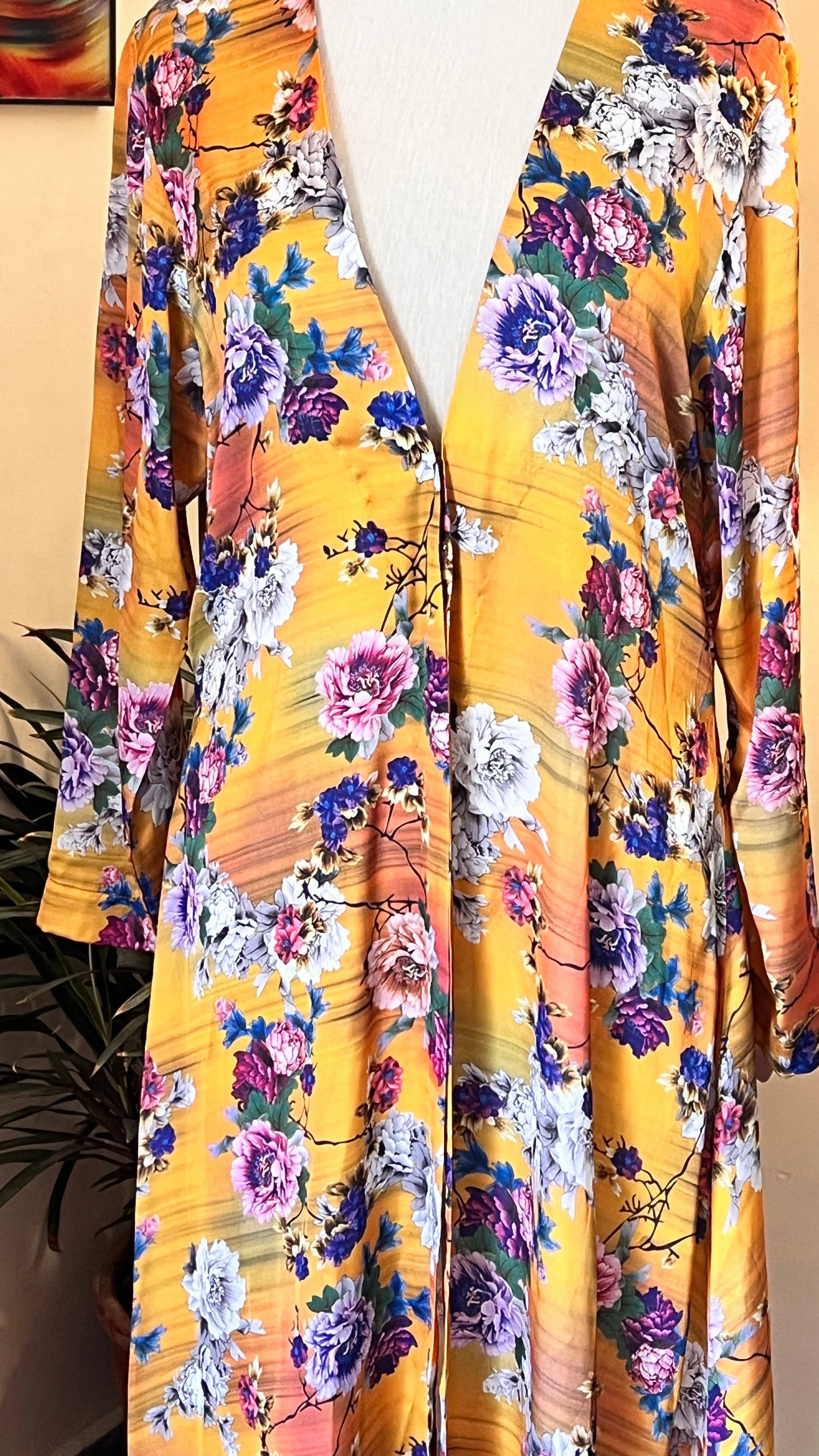 Vibrant Floral Mustard Kimono