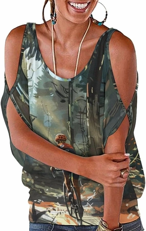 Vibrant Forest Cycling Women’s Summer T Shirts V Neck Casual Cold Shoulder Basic Tops Blouse Shirts