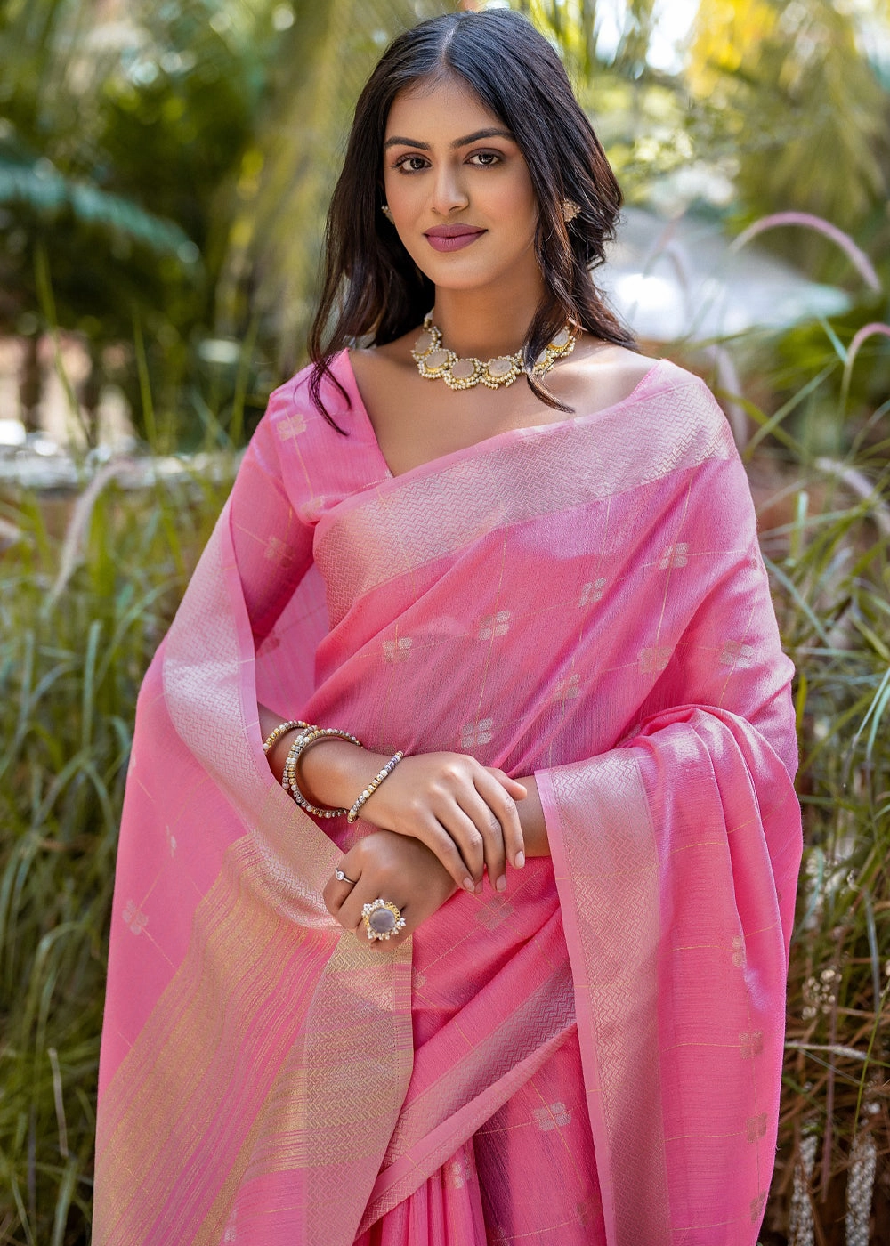 Vibrant Pink Woven Cotton Silk Saree