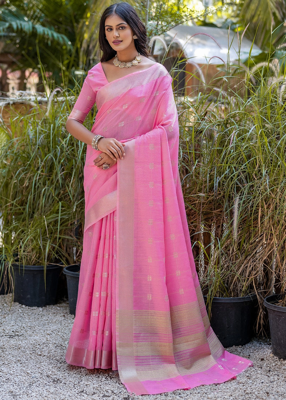 Vibrant Pink Woven Cotton Silk Saree