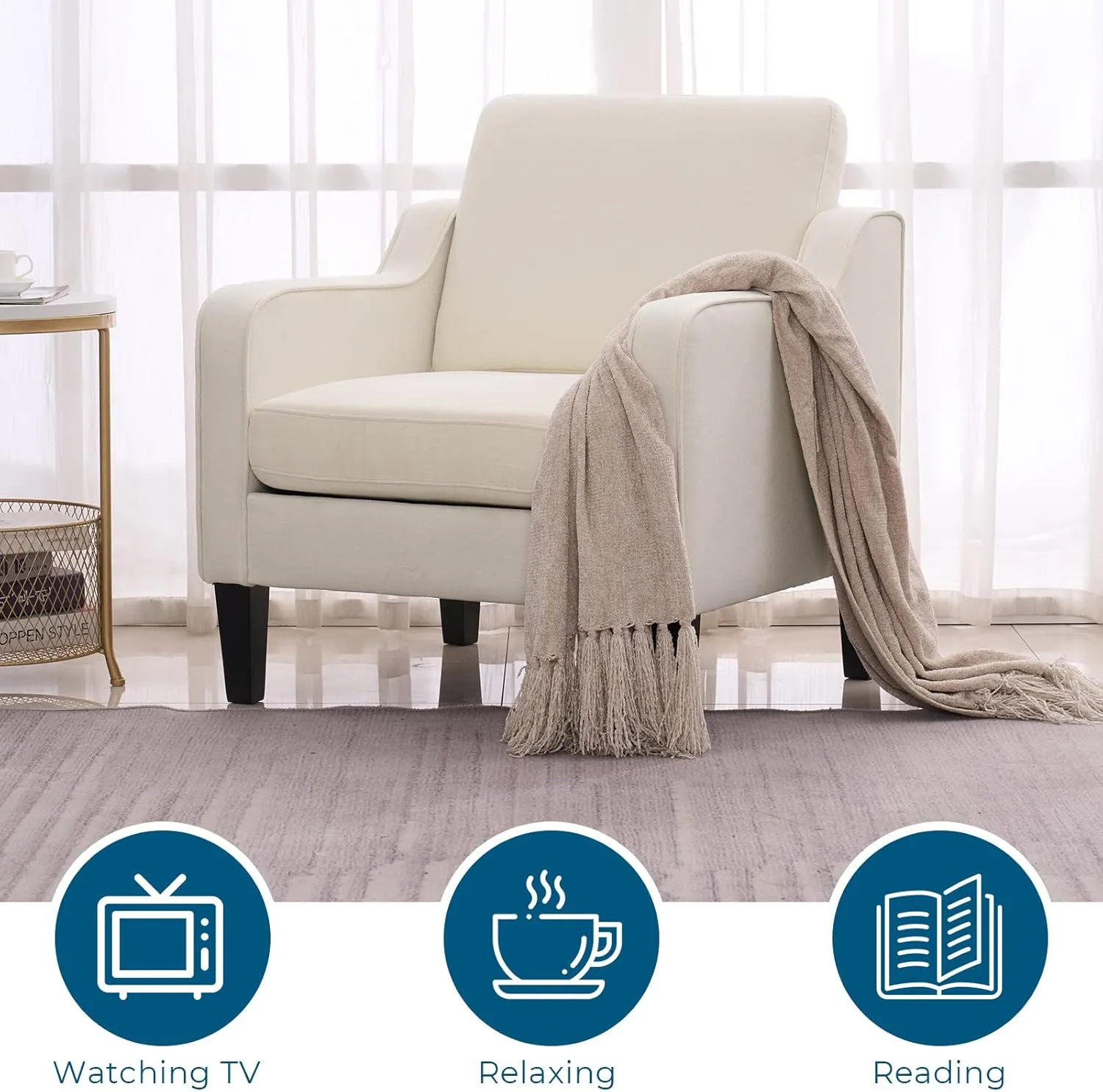 VINGLI Mid Century Modern Fabric Accent Chair,Beige for Living Room Upholstered Armchair with Scooped Arms for Bedroom,Apartment,Studio,Office,Waiting Room,Beige