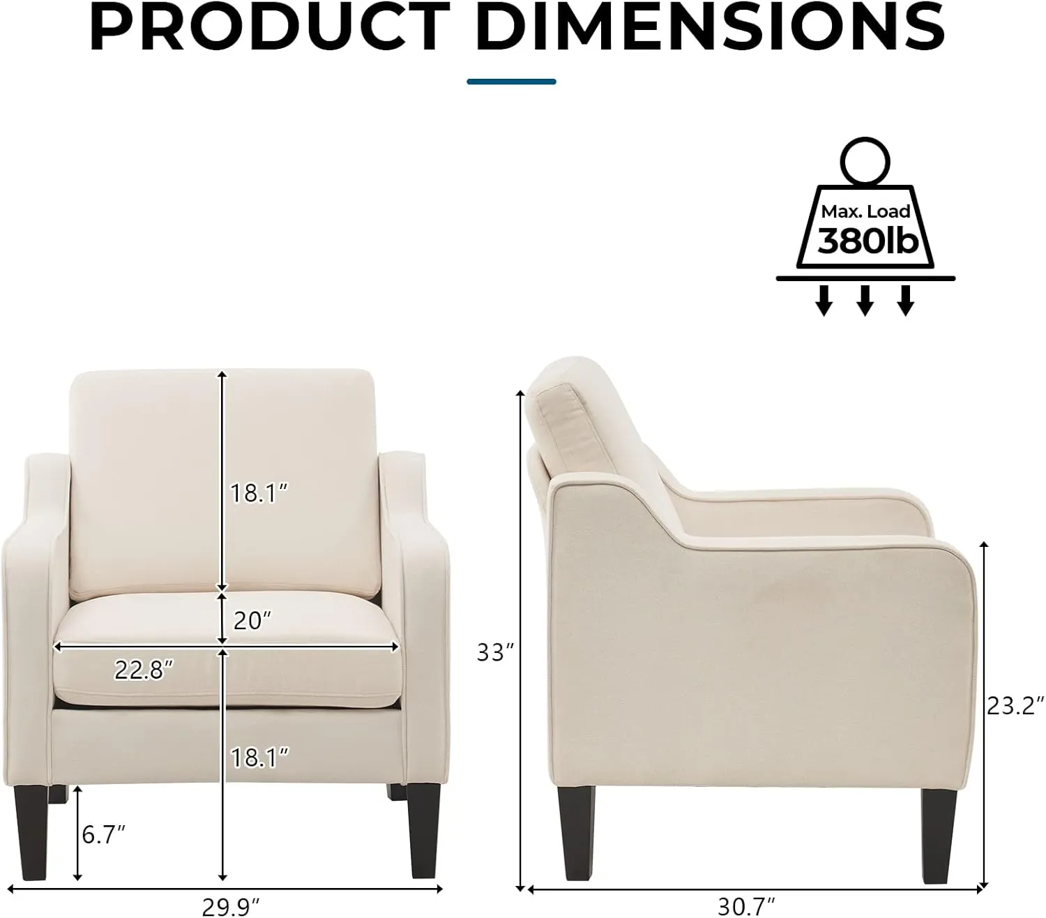 VINGLI Mid Century Modern Fabric Accent Chair,Beige for Living Room Upholstered Armchair with Scooped Arms for Bedroom,Apartment,Studio,Office,Waiting Room,Beige