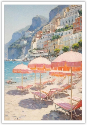 Vintage Pink Beach Umbrella Posters Summer Beach Canvas Wall Art Amalfi Coast Italy Landscape Minimalist Preppy Prints Painting For Home Bedroom Dorm Wall Decor 16x24in Unframed