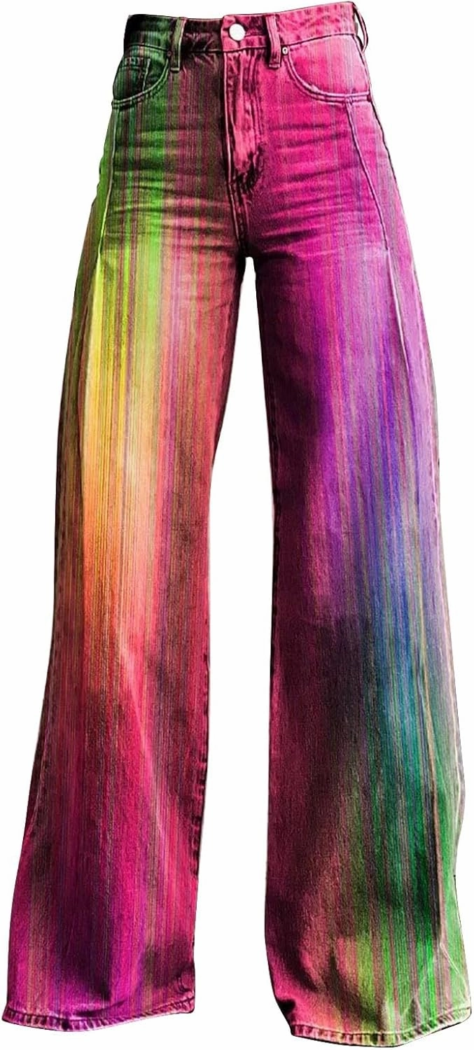 Vintage Printed Wide Leg Pants for Women Casual Floral Print Palazzo Pants High Waisted Bootcut Imitation Denim Pants