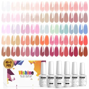 Vishine 48 PCS Gel Polish Set, 45 Jelly Nude Pink Gel Nail Polish Set All Season Neutral Sheer Milky White Gel Nail Polish Set with Gel Base and Matte Glossy Top Coat Manicure Salon at Home