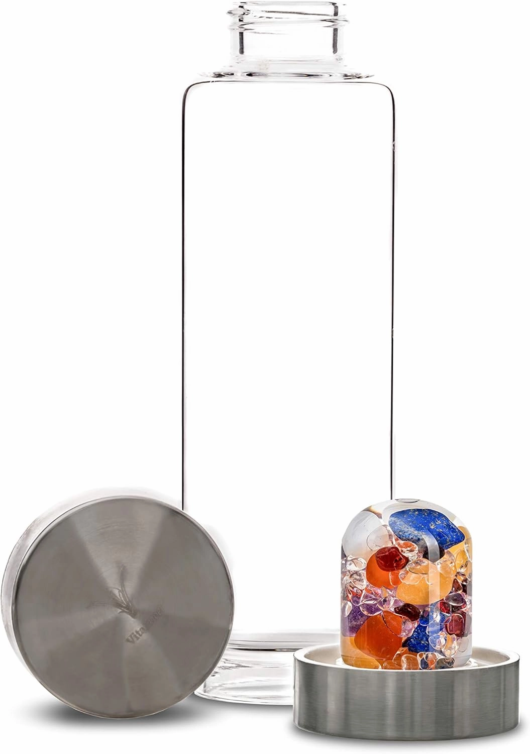VitaJuwel ViA AYURVEDA | Crystal Water Bottle with Amethyst, Milk Opal, Lapis Lazuli, Garnet, Carnelian, Orange Calcite & Clear Quartz for Wisdom, Intuition & Joy