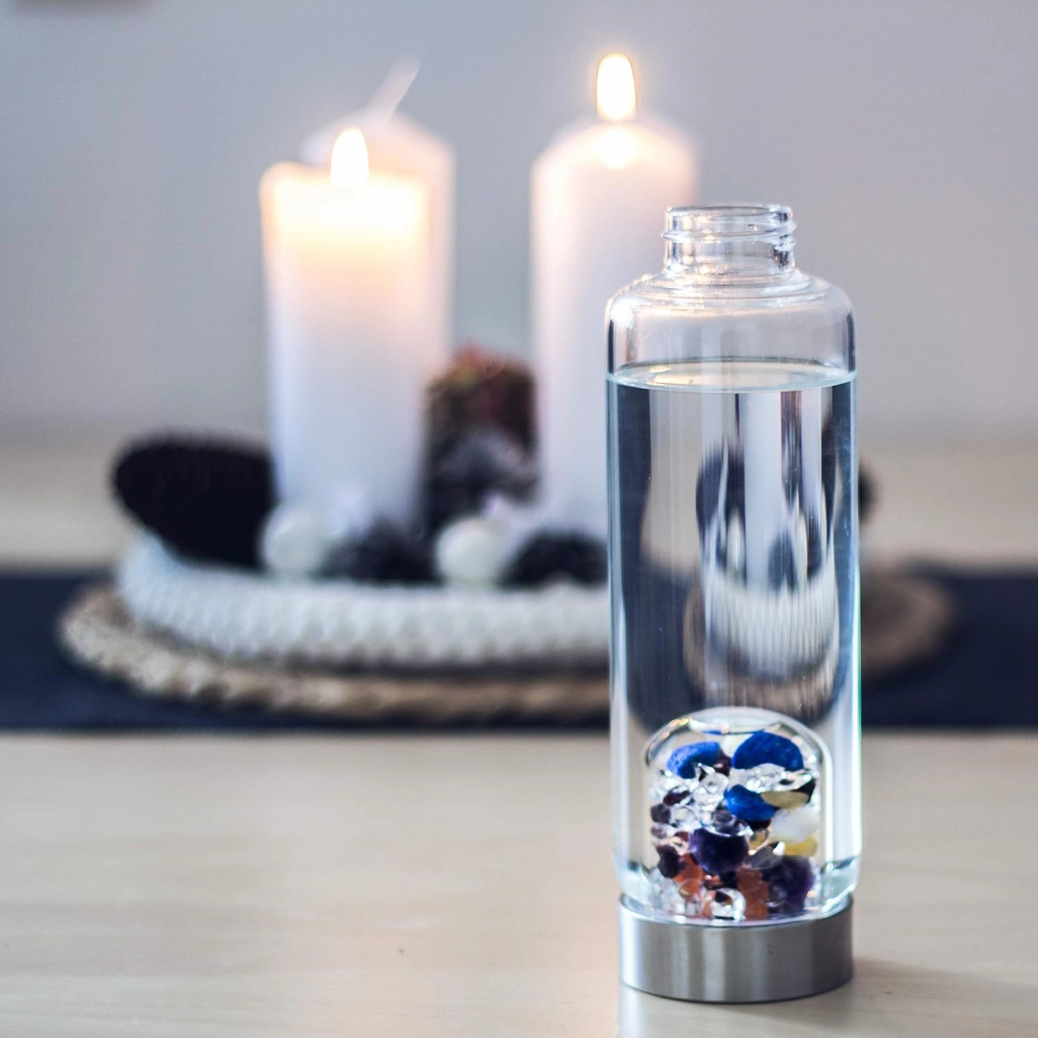 VitaJuwel ViA AYURVEDA | Crystal Water Bottle with Amethyst, Milk Opal, Lapis Lazuli, Garnet, Carnelian, Orange Calcite & Clear Quartz for Wisdom, Intuition & Joy