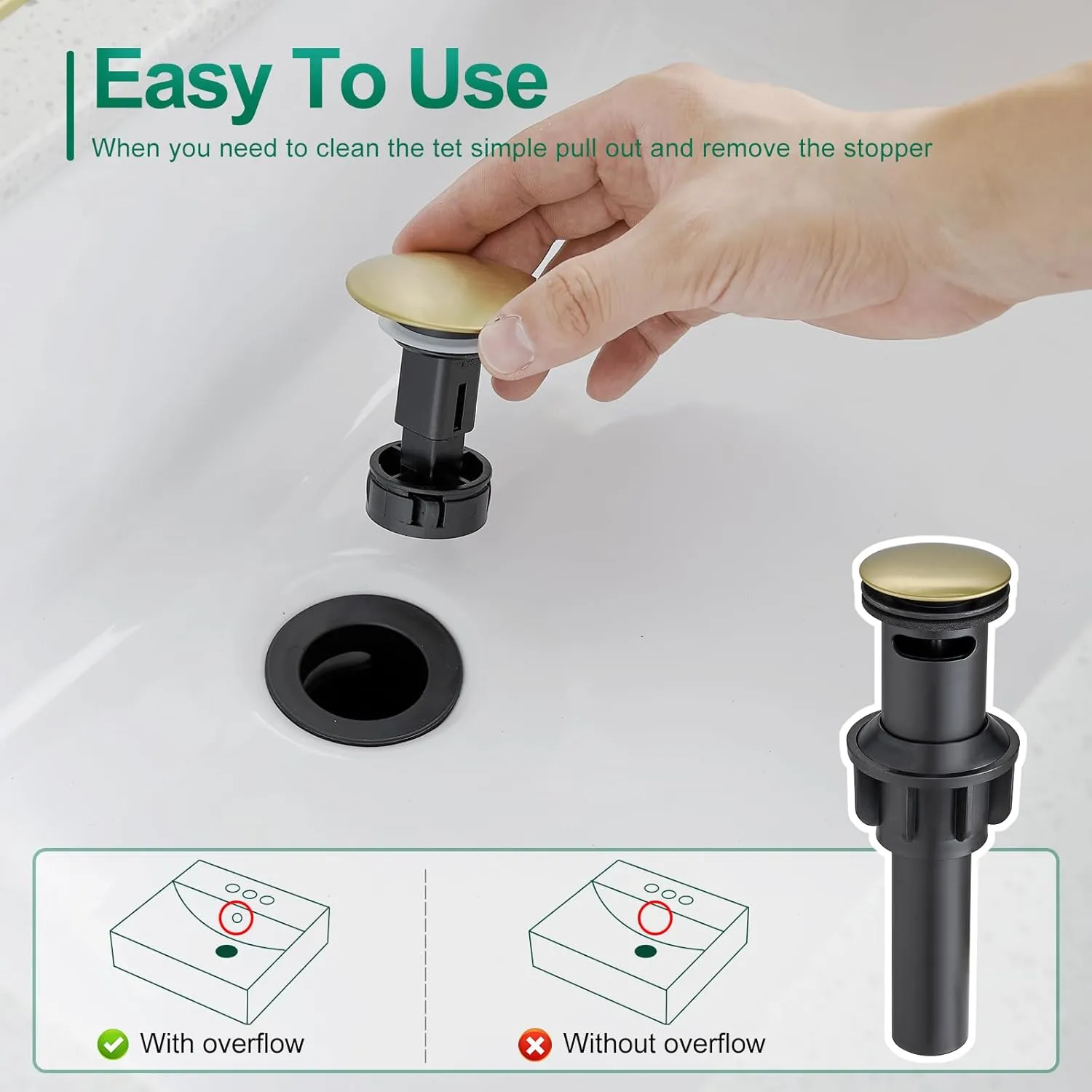 VOTON Brushed Gold Bathroom Faucet One Hole, Modern Single Handle Bathroom Faucet for 1 or 3 Hole Sink with Metal Pop up Drain, Deck Plate, for Vanity, Rv Sink