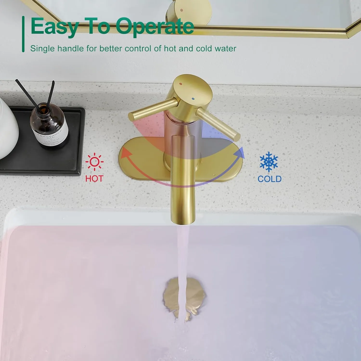 VOTON Brushed Gold Bathroom Faucet One Hole, Modern Single Handle Bathroom Faucet for 1 or 3 Hole Sink with Metal Pop up Drain, Deck Plate, for Vanity, Rv Sink