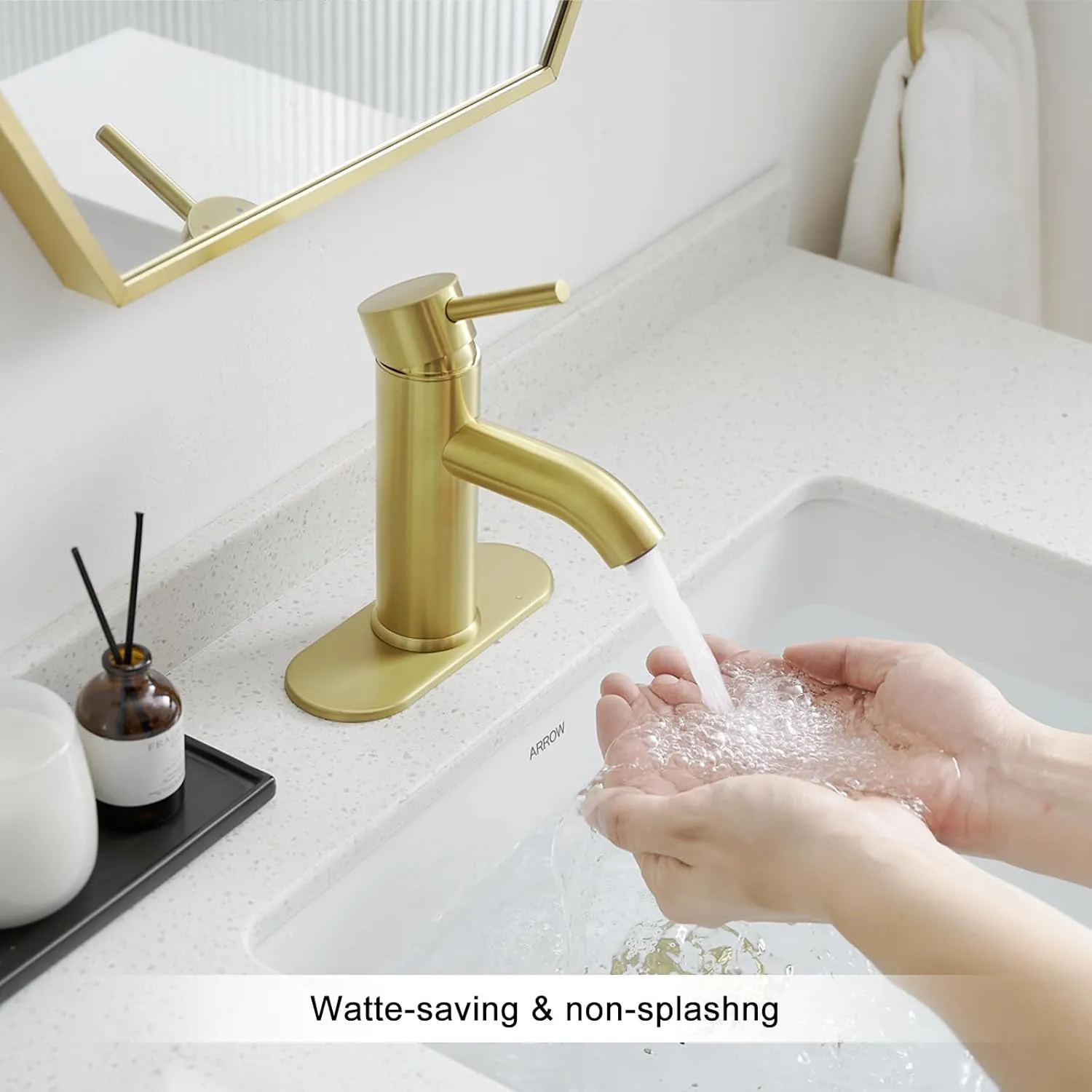 VOTON Brushed Gold Bathroom Faucet One Hole, Modern Single Handle Bathroom Faucet for 1 or 3 Hole Sink with Metal Pop up Drain, Deck Plate, for Vanity, Rv Sink