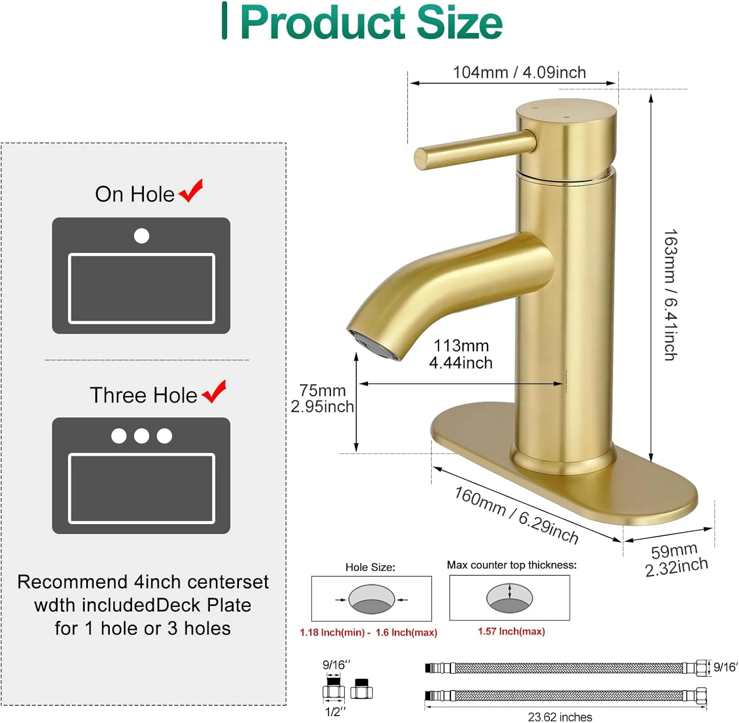 VOTON Brushed Gold Bathroom Faucet One Hole, Modern Single Handle Bathroom Faucet for 1 or 3 Hole Sink with Metal Pop up Drain, Deck Plate, for Vanity, Rv Sink