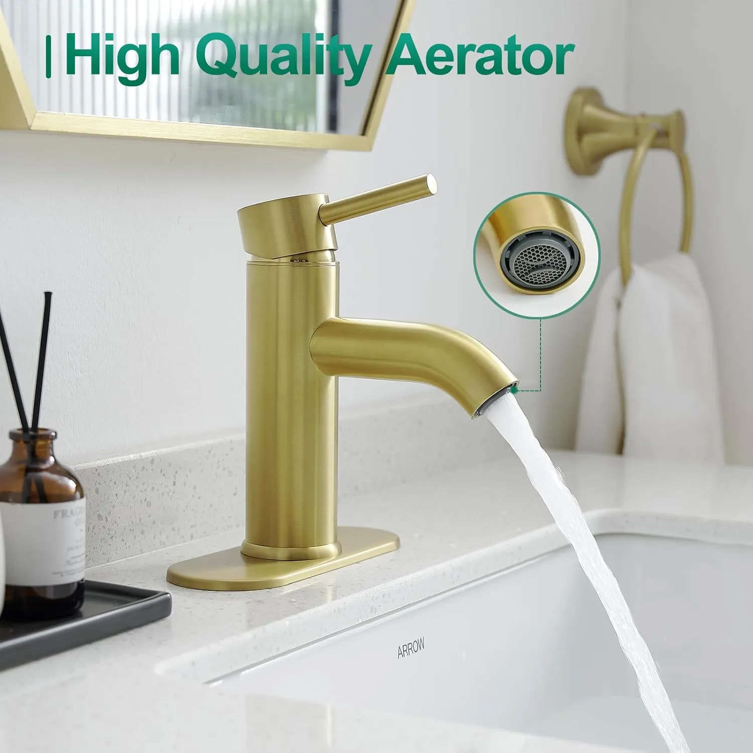 VOTON Brushed Gold Bathroom Faucet One Hole, Modern Single Handle Bathroom Faucet for 1 or 3 Hole Sink with Metal Pop up Drain, Deck Plate, for Vanity, Rv Sink