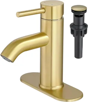 VOTON Brushed Gold Bathroom Faucet One Hole, Modern Single Handle Bathroom Faucet for 1 or 3 Hole Sink with Metal Pop up Drain, Deck Plate, for Vanity, Rv Sink