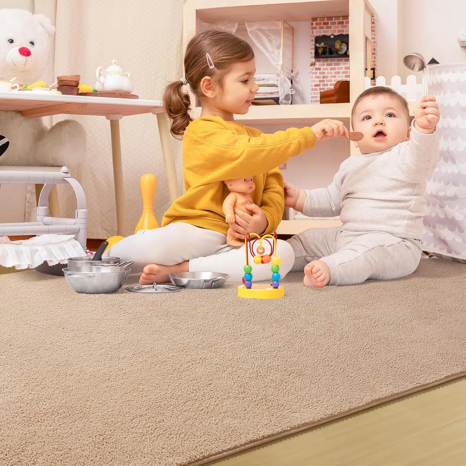 Washable Rugs for Living Room Minimalist Area Rugs 4x6 Soft Throw Rugs for Bedroom Thickened Memory-Foam Rugs for Dorm Nursery Kids Room Kitchen Apartment Floor Carpet, Beige