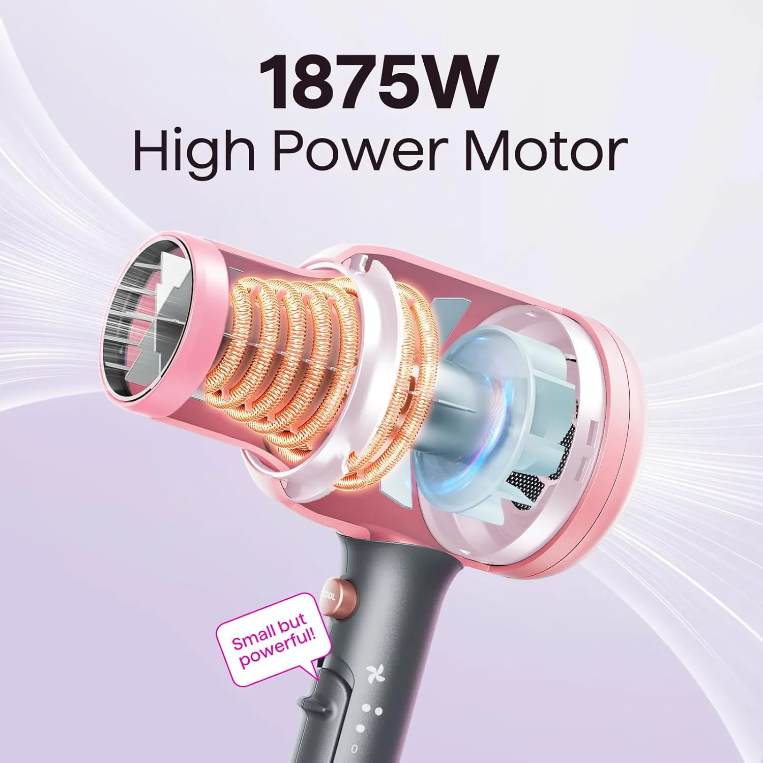 Wavytalk Hair Dryer, Blown Away Ionic Hair Dryer for Curly Hair with Diffuser, 1875W Fast Drying Blow Dryer with Ceramic Technology, 3 Attachments for All Hair Types, Light and Quiet, Rose Gold