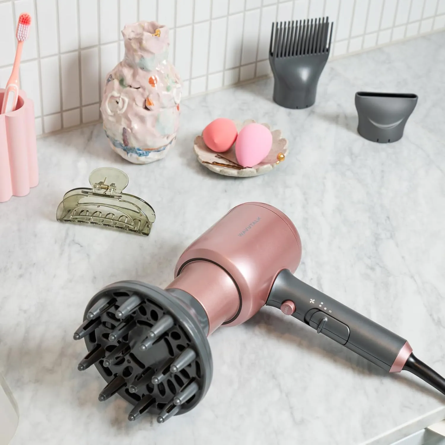 Wavytalk Hair Dryer, Blown Away Ionic Hair Dryer for Curly Hair with Diffuser, 1875W Fast Drying Blow Dryer with Ceramic Technology, 3 Attachments for All Hair Types, Light and Quiet, Rose Gold