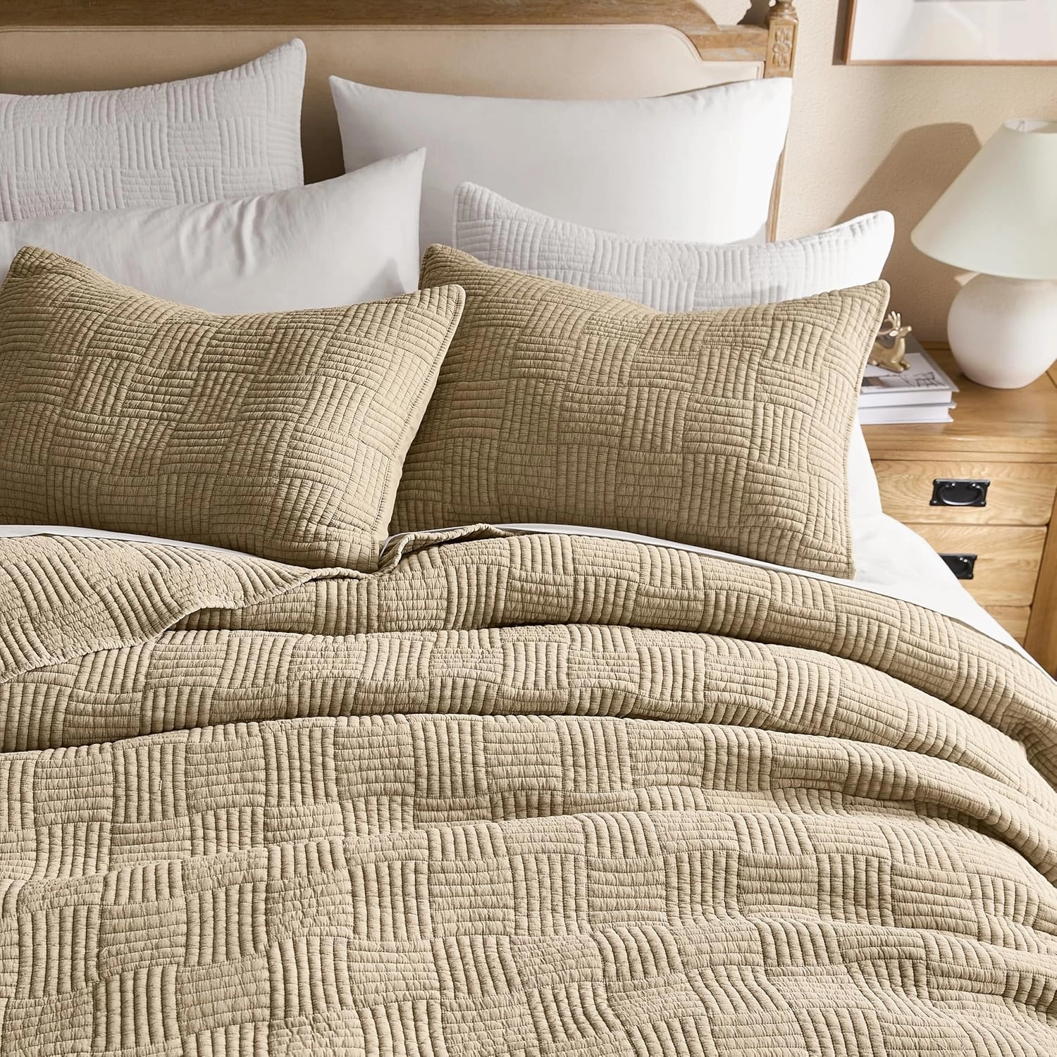 WDCOZY Beige Twin Size Quilt Set, Muslin Cotton Shell Down-Alt Poly Filling, Tan Taupe Camel Shabby Chic Rustic Farmhouse Country Bedspread, Textured Gauze Coverlet, Soft Lightweight Bedding