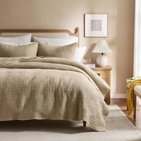 WDCOZY Beige Twin Size Quilt Set, Muslin Cotton Shell Down-Alt Poly Filling, Tan Taupe Camel Shabby Chic Rustic Farmhouse Country Bedspread, Textured Gauze Coverlet, Soft Lightweight Bedding