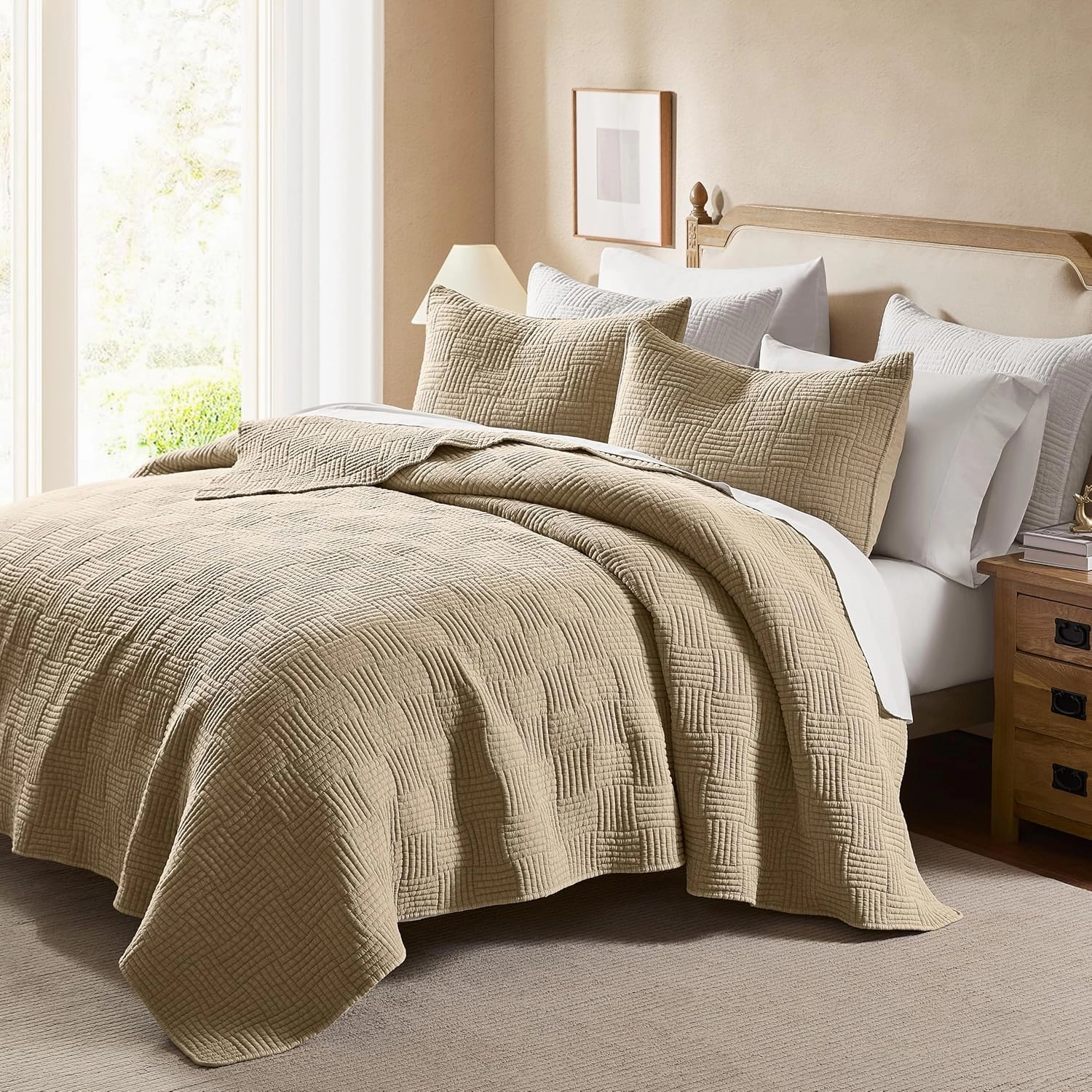 WDCOZY Beige Twin Size Quilt Set, Muslin Cotton Shell Down-Alt Poly Filling, Tan Taupe Camel Shabby Chic Rustic Farmhouse Country Bedspread, Textured Gauze Coverlet, Soft Lightweight Bedding