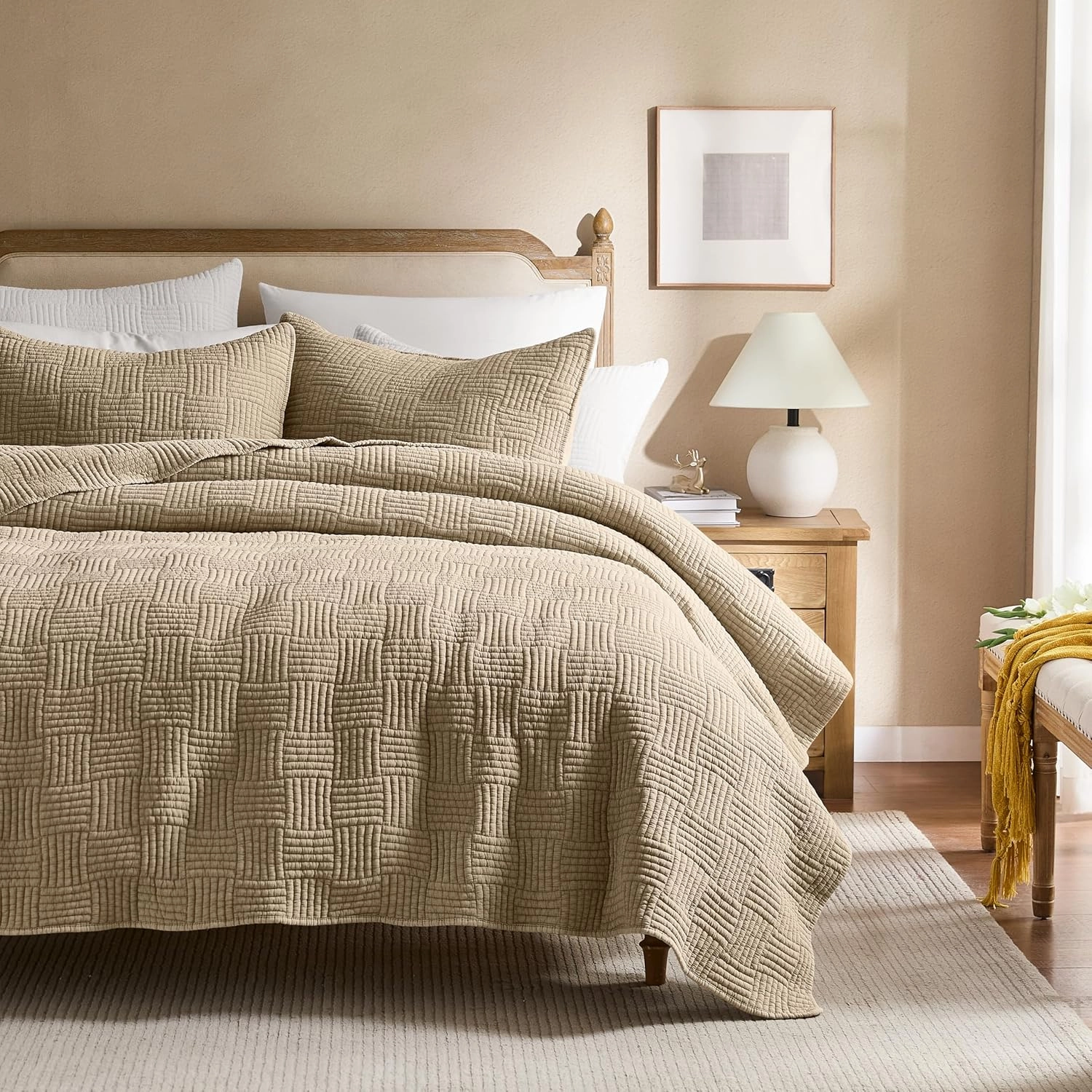 WDCOZY Beige Twin Size Quilt Set, Muslin Cotton Shell Down-Alt Poly Filling, Tan Taupe Camel Shabby Chic Rustic Farmhouse Country Bedspread, Textured Gauze Coverlet, Soft Lightweight Bedding