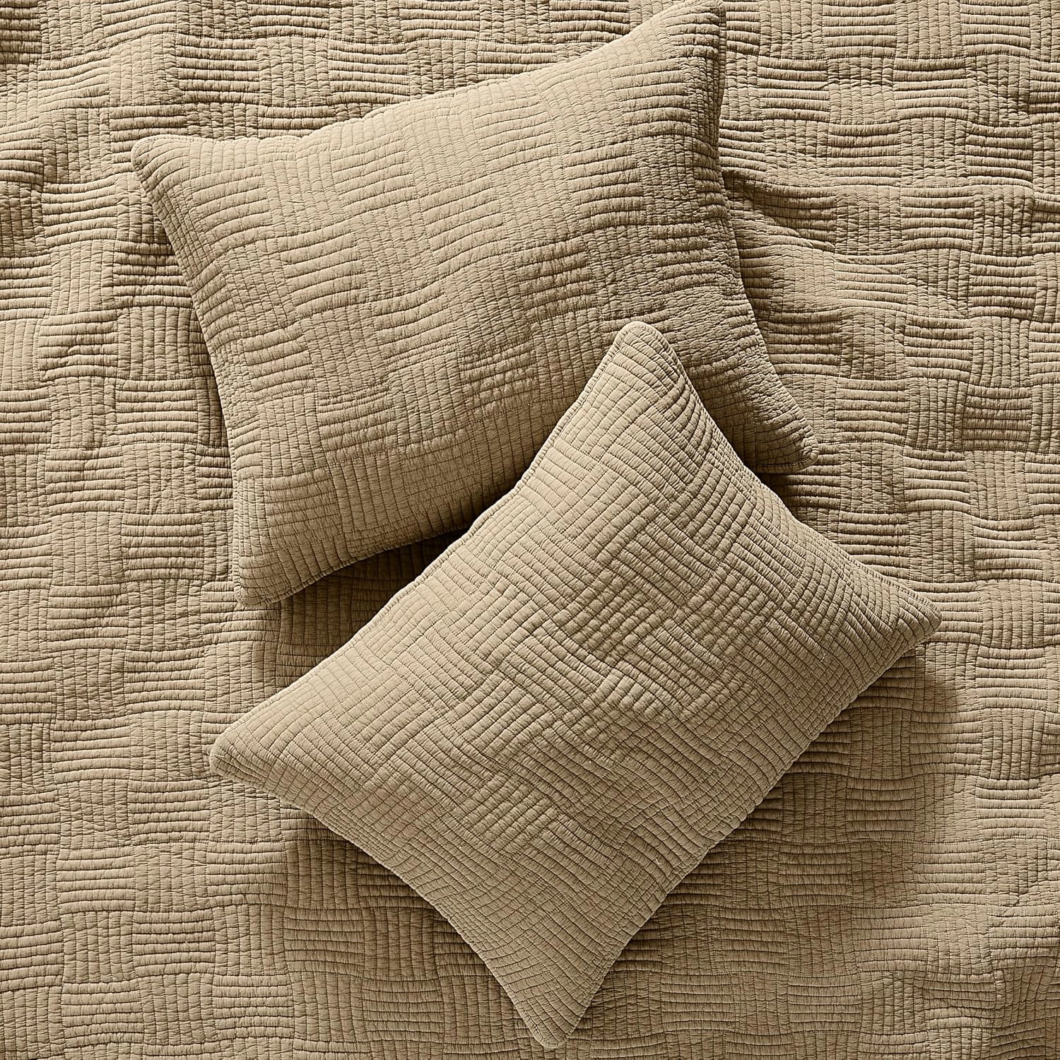 WDCOZY Beige Twin Size Quilt Set, Muslin Cotton Shell Down-Alt Poly Filling, Tan Taupe Camel Shabby Chic Rustic Farmhouse Country Bedspread, Textured Gauze Coverlet, Soft Lightweight Bedding
