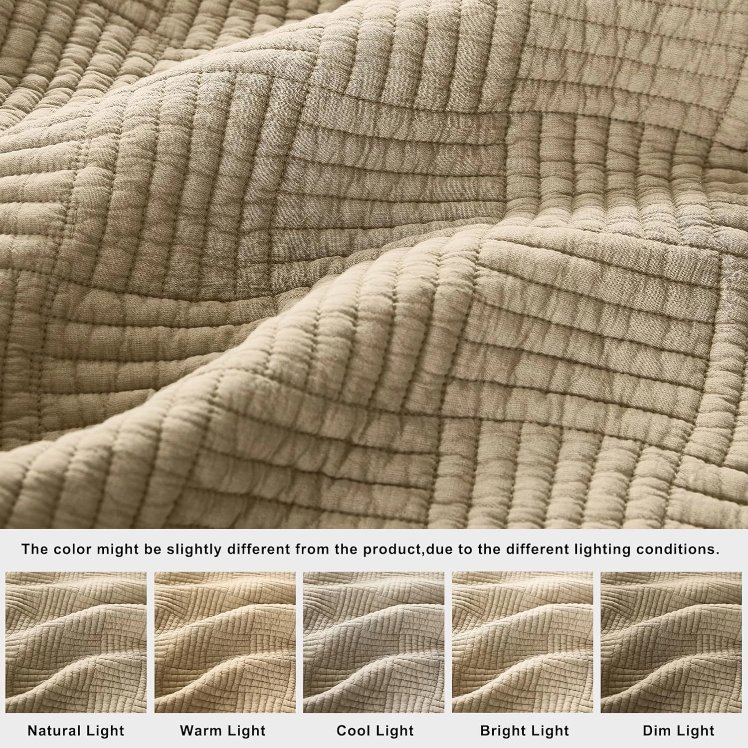 WDCOZY Beige Twin Size Quilt Set, Muslin Cotton Shell Down-Alt Poly Filling, Tan Taupe Camel Shabby Chic Rustic Farmhouse Country Bedspread, Textured Gauze Coverlet, Soft Lightweight Bedding