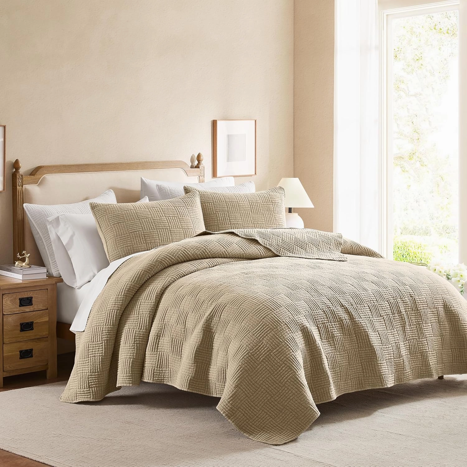 WDCOZY Beige Twin Size Quilt Set, Muslin Cotton Shell Down-Alt Poly Filling, Tan Taupe Camel Shabby Chic Rustic Farmhouse Country Bedspread, Textured Gauze Coverlet, Soft Lightweight Bedding