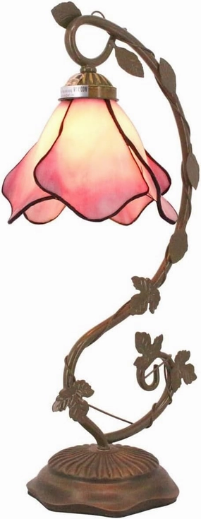 WERFACTORY Tiffany Lamp Pink Stained Glass Table Lamp, Metal Leaf Table Desk Reading Light 8X10X21 Inches Decor Small Space Bedroom Home Office S701 Series