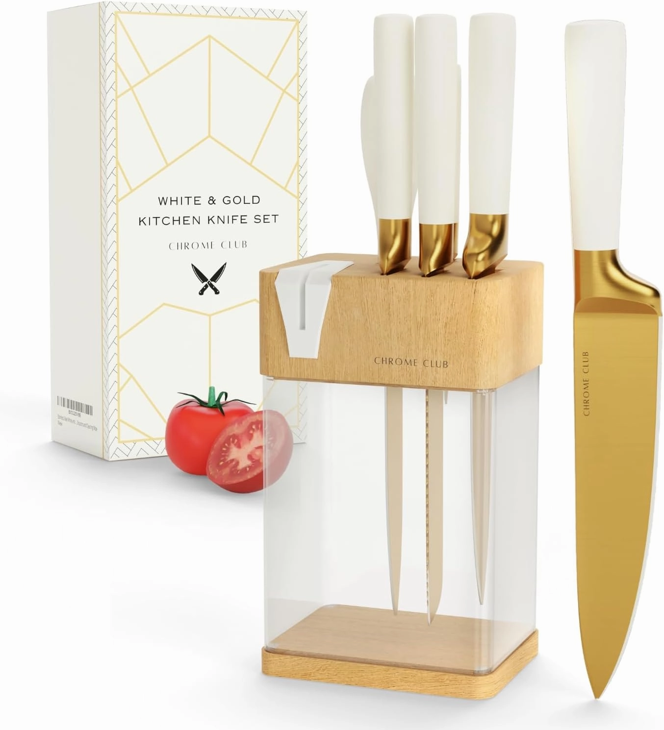 White and Gold Knife Set with Block - 7 Piece Gold Kitchen Knife Set with Sharpener - Vibrant White Knife Set with Kitchen Scissors and Wooden Block