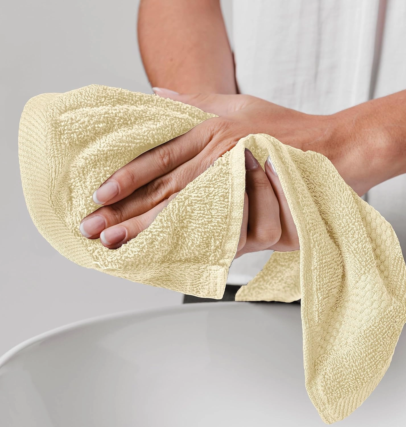 White Classic Luxury Cotton Washcloths - Large Hotel Spa Bathroom Face Towel | 12 Pack | Beige